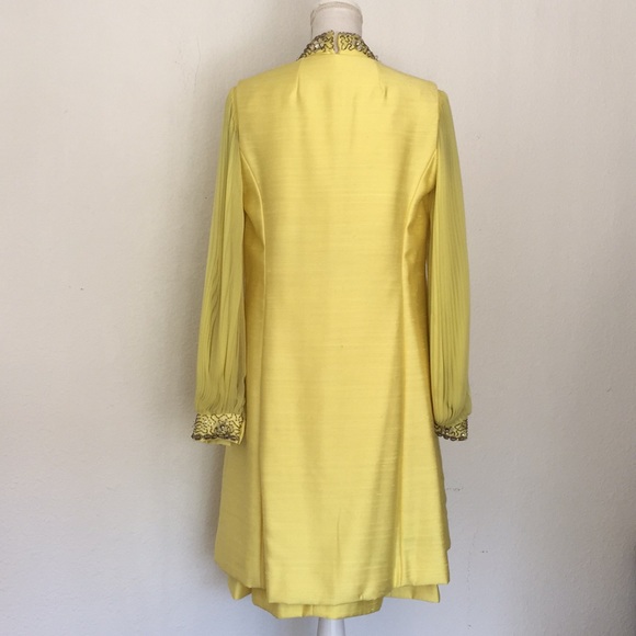 Vintage 1960s Mod Beaded Raw Silk Dress + Vest Duster Pleated Sleeves - Picture 4 of 14